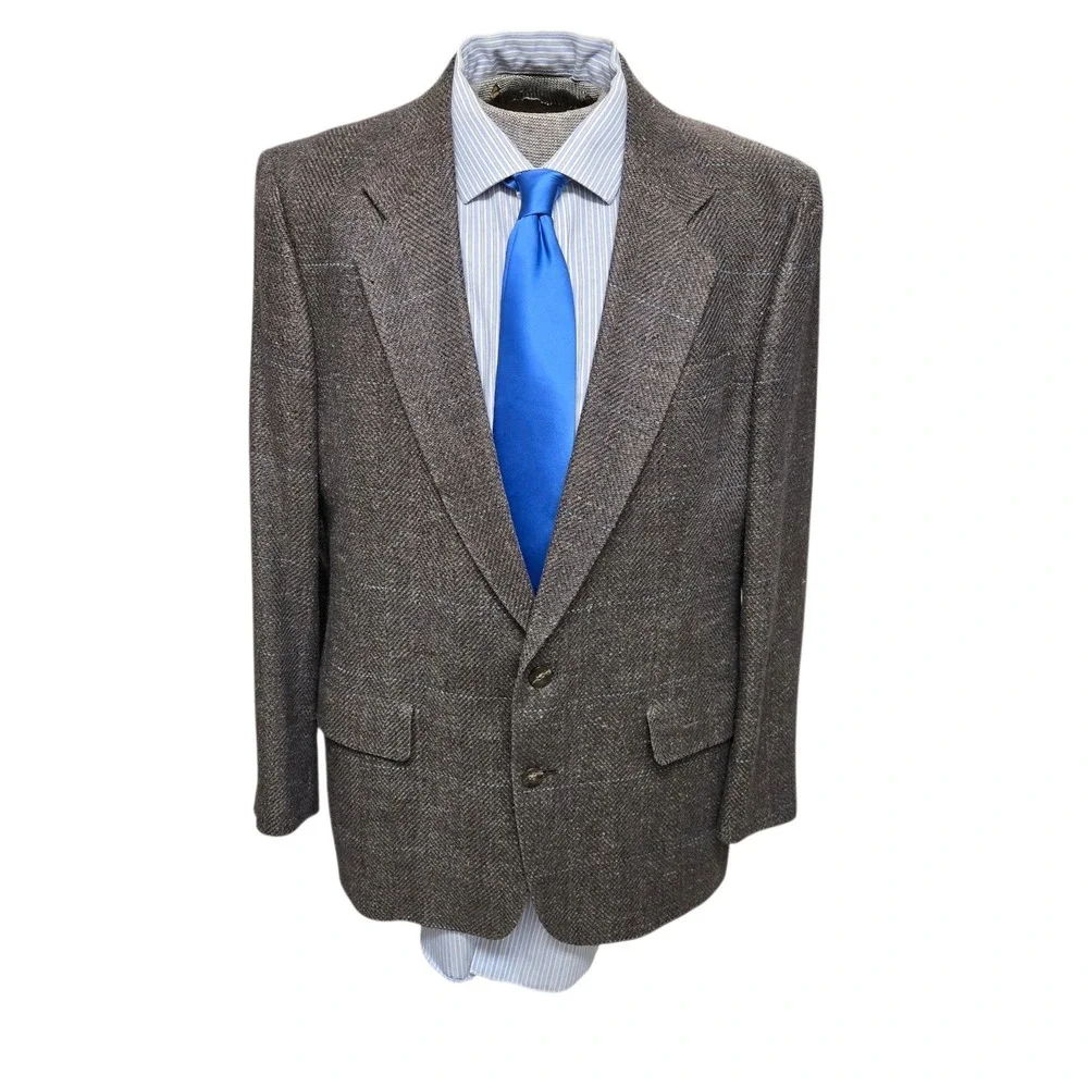Vtg Christian Dior Monsieur Silk Sport Coat 44R Tweed Herringbone Windowpane Brn